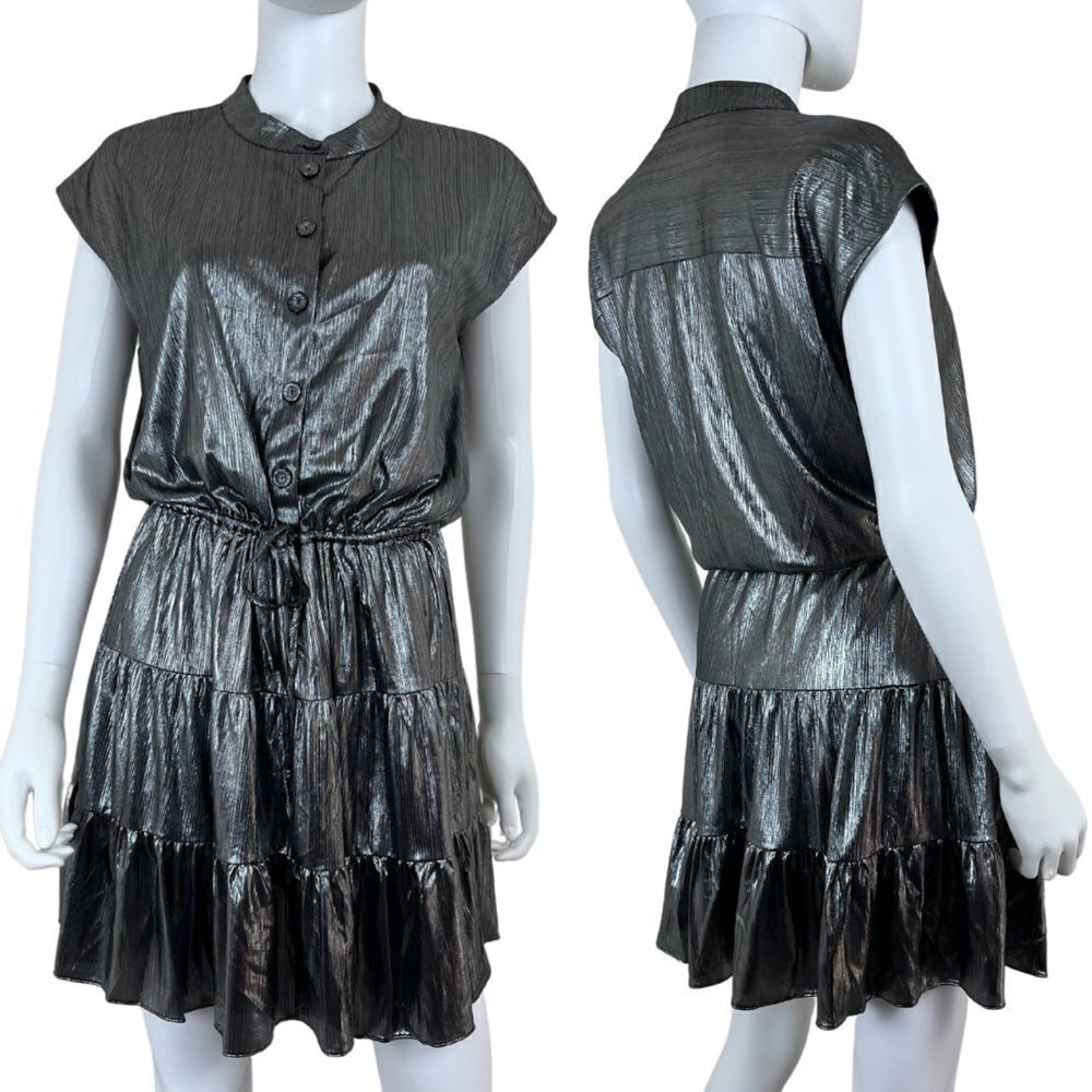 Rebecca Minkoff Ollie Women Size M Tiered Foiled Metallic Mini Dress Party Goth